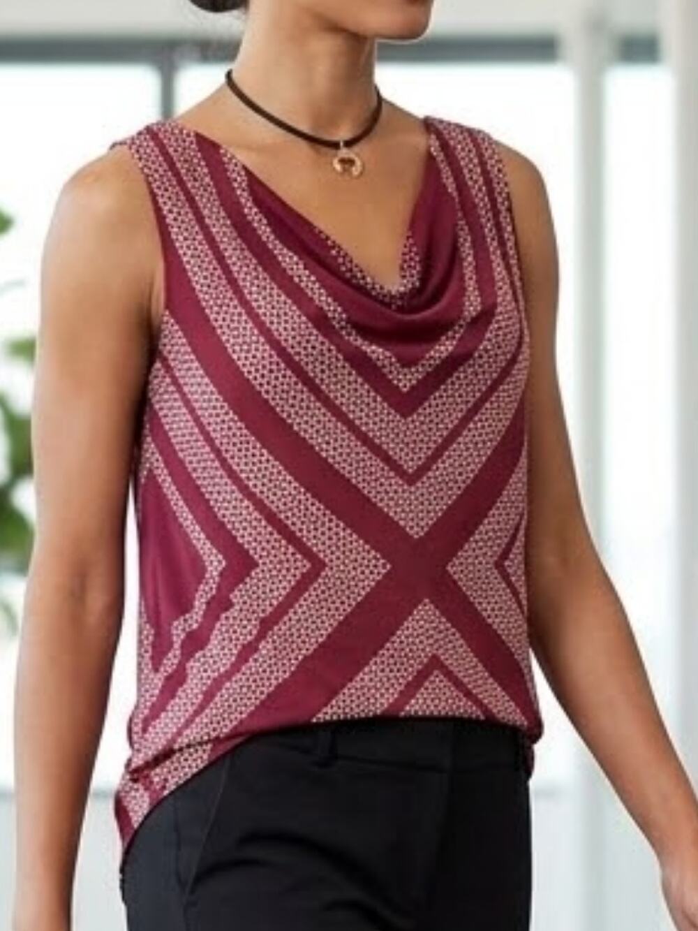 CABI Style #3084 Drape Neck Tank Geometric Print Maroon Sleeveless S